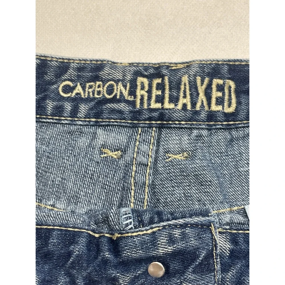 Carbon Denim Shorts MENS 36 Blue Acid Wash Relaxed Fit Distressed Ripped Raw Hem